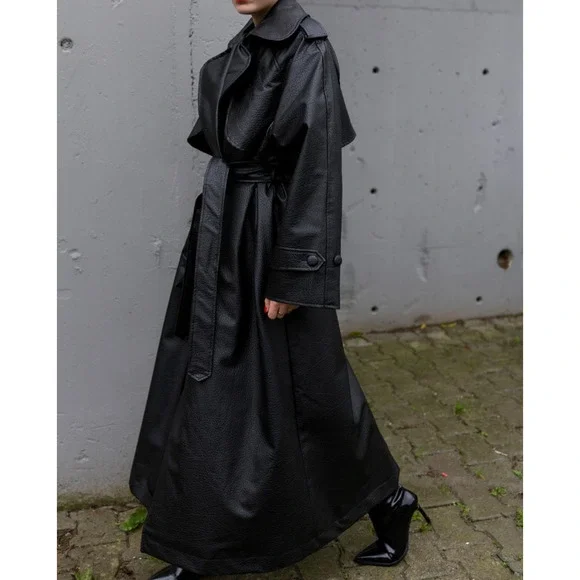 Black Faux Leather Trench Coat Long Belted Jacket Women Oversized Fall - Picture 8 of 9